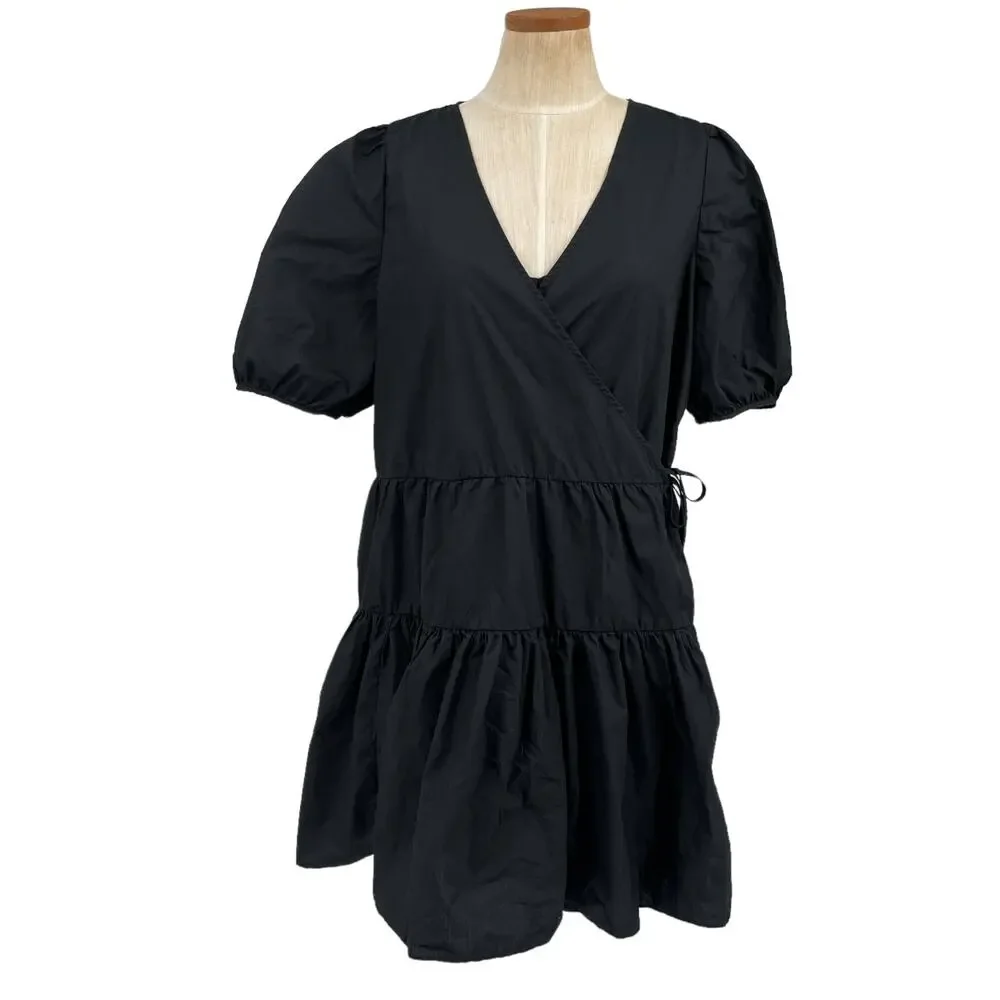 J Crew 2 pc  Black Wrap Dress & Slip Short Puff Sleeves Tiers Size Large NEW